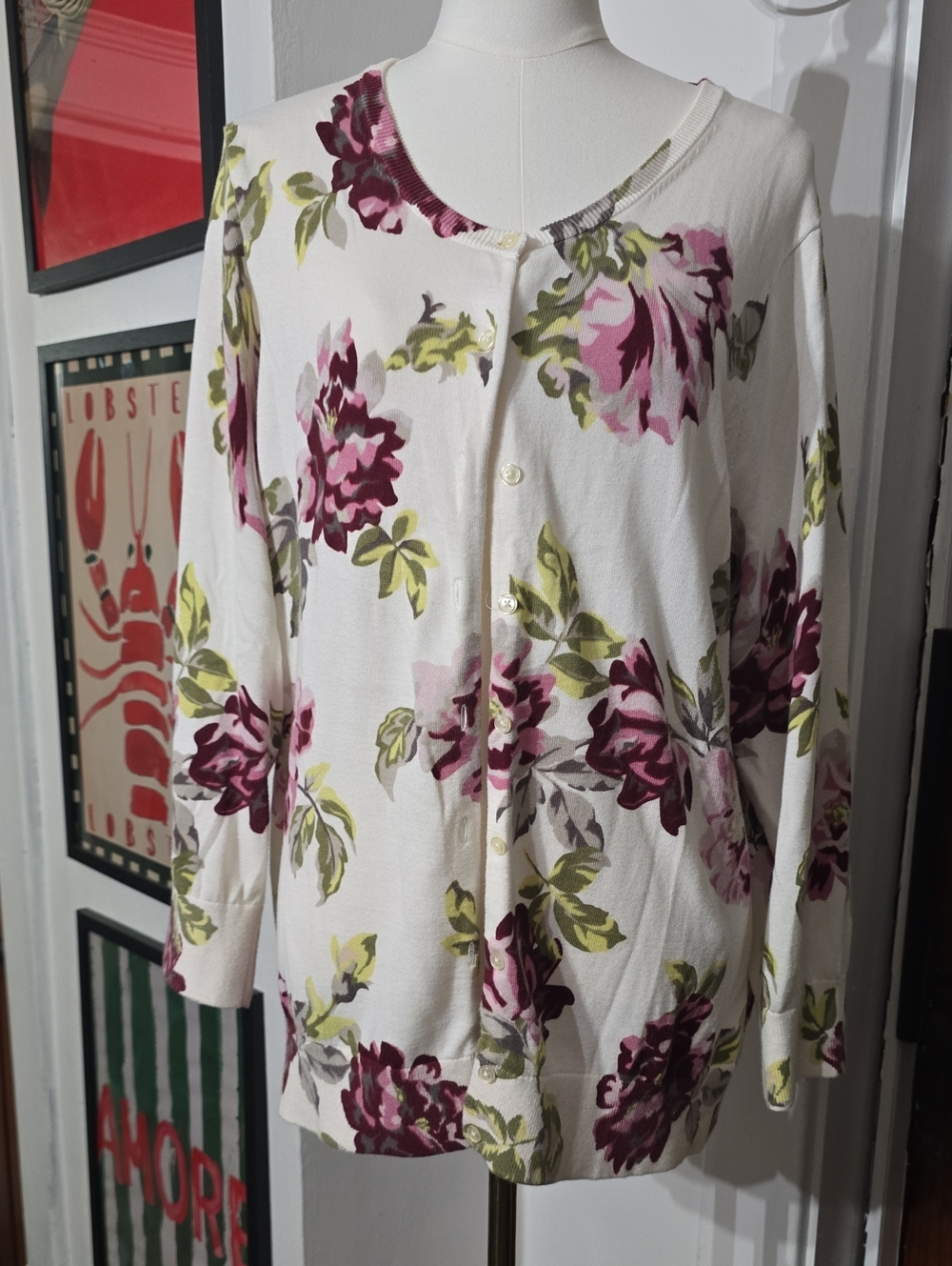 Lands' End Cream Cardigan with Pink & Green Floral Supima Cotton 2x